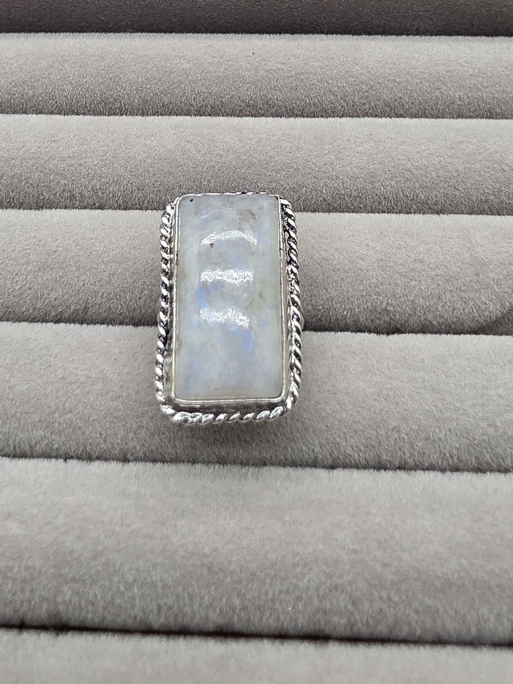 Silver Plated Rectangle Moonstone Ring Size 7 – White Moonstone